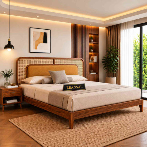 Canejoy Solid Sheesham Wood Bed Without Storage With Cushion (King Size, Natural Finish)