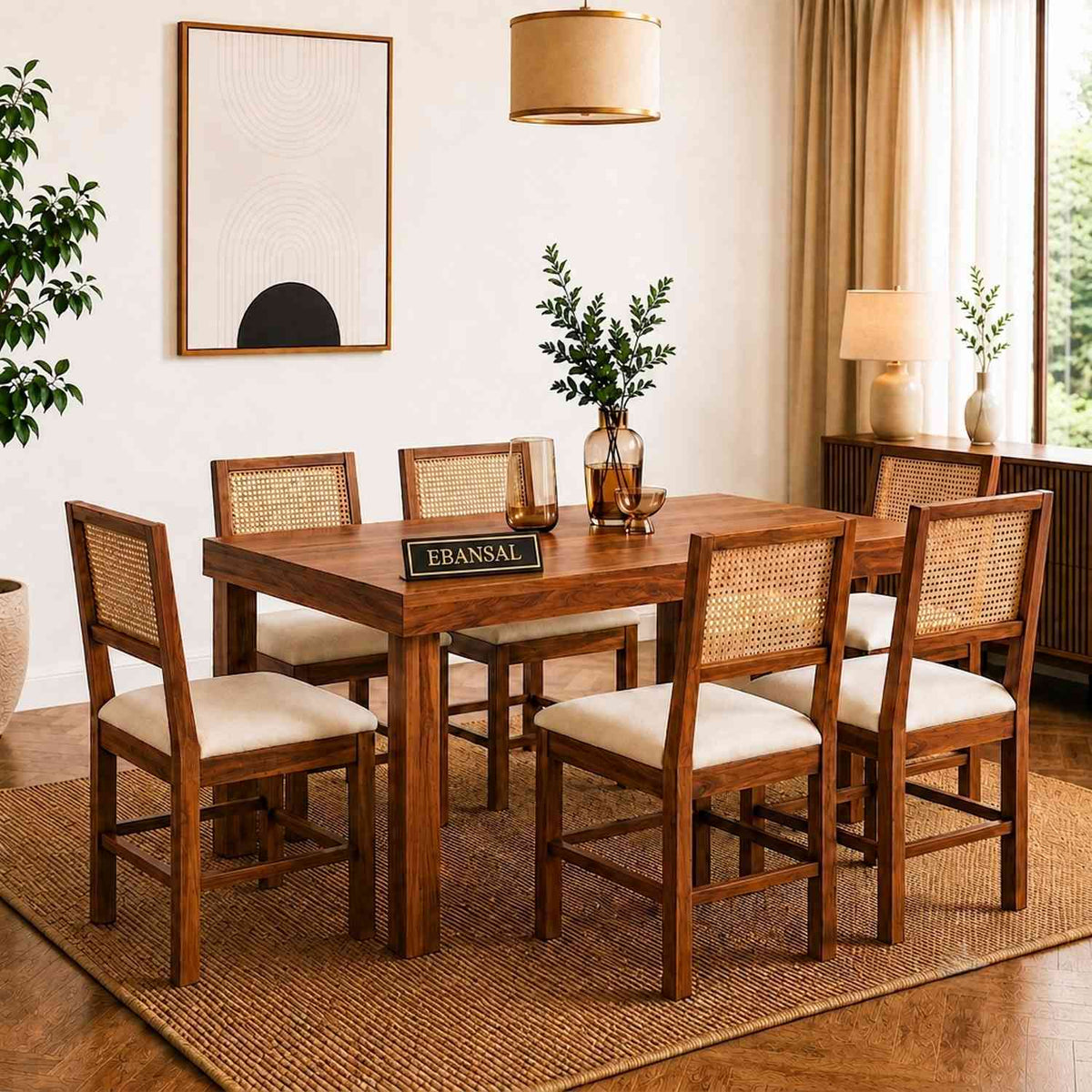 Canejoy Solid Sheesham Wood 6 Seater Dining Set (Natural Finish, With Cushion)