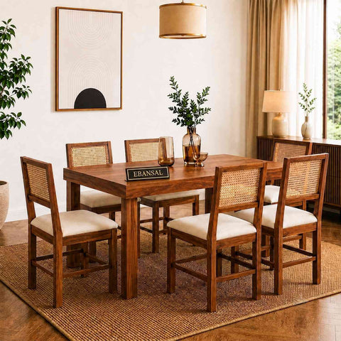 Canejoy Solid Sheesham Wood 6 Seater Dining Set (Natural Finish, With Cushion)