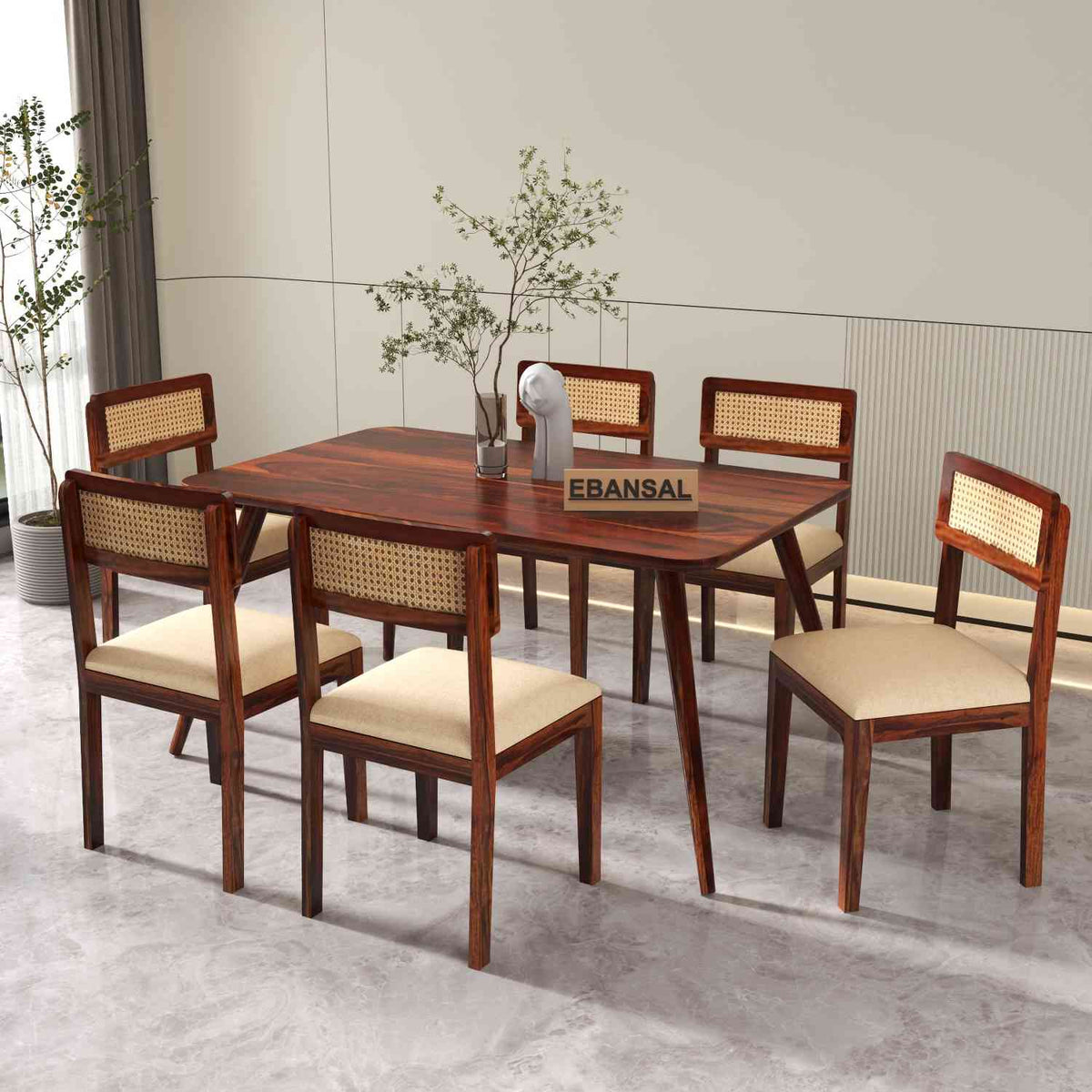 Canejoy Solid Sheesham Wood 6 Seater Dining Table With 6 Chairs (With Cushion, Natural Finish)