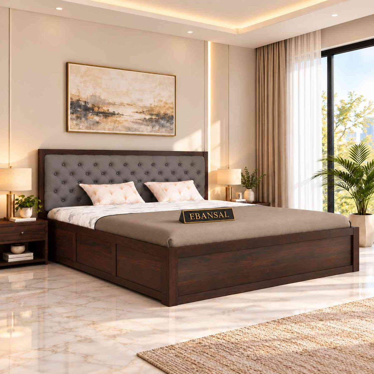 Elementra Solid Sheesham Wood Bed With Box Storage (King Size, Walnut Finish)