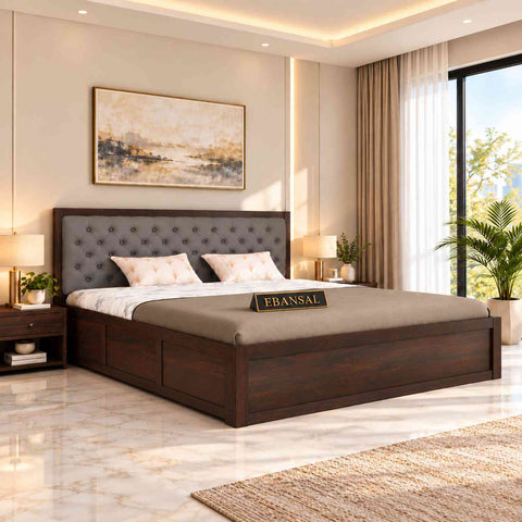 Elementra Solid Sheesham Wood Bed With Box Storage (King Size, Walnut Finish)