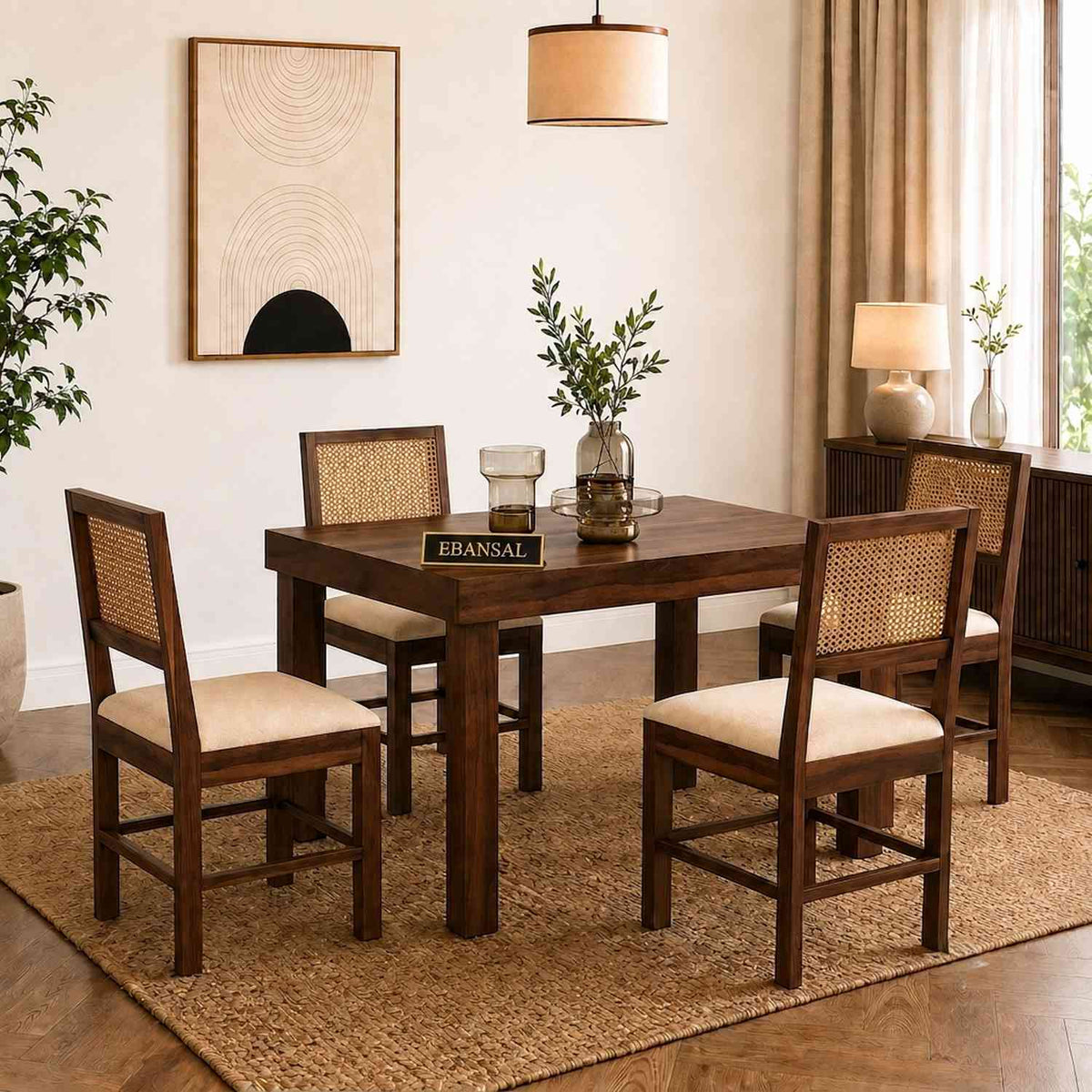 Canejoy Solid Sheesham Wood 4 Seater Dining Set (Walnut Finish, With Cushion)