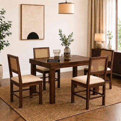 Canejoy Solid Sheesham Wood 4 Seater Dining Set (Walnut Finish, With Cushion)
