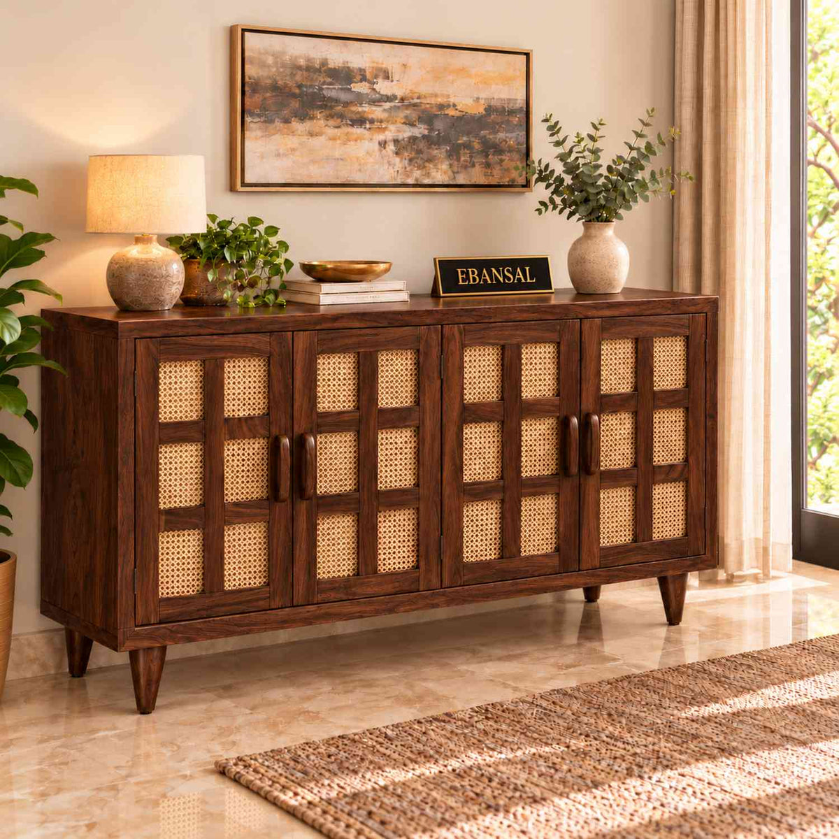 Canejoy Solid Sheesham Wood Sideboard (Walnut Finish)