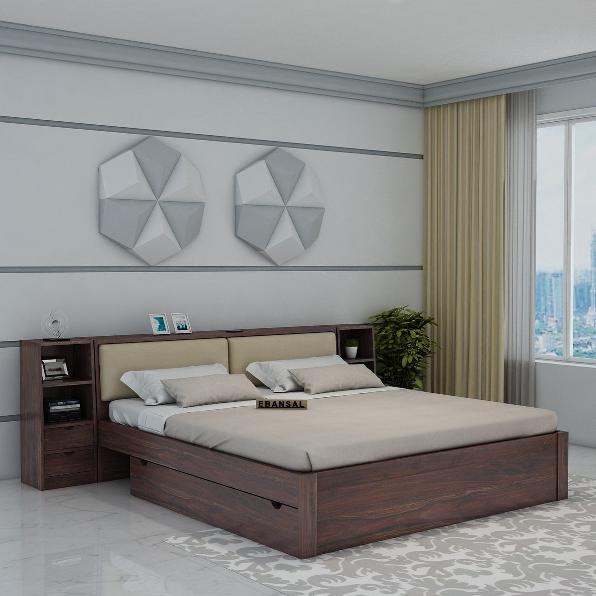 Lumin Solid Sheesham Wood Bed With 2 Drawers (Queen Size, Walnut)