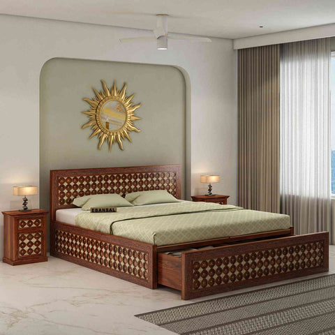 Maharana Solid Sheesham Wood Bed With Box And Drawer Storage (Queen Size, Natural Finish)