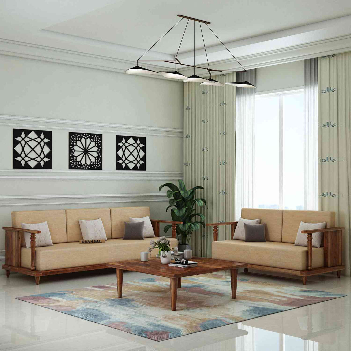 Ajmer Solid Sheesham Wood 5 Seater Sofa Set With Coffee Table (3+2, Natural Finish)