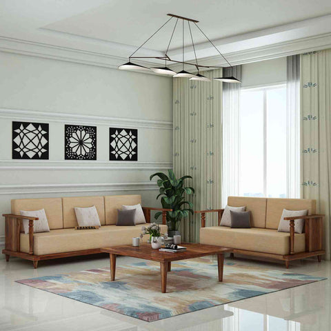 Ajmer Solid Sheesham Wood 5 Seater Sofa Set With Coffee Table (3+2, Natural Finish)