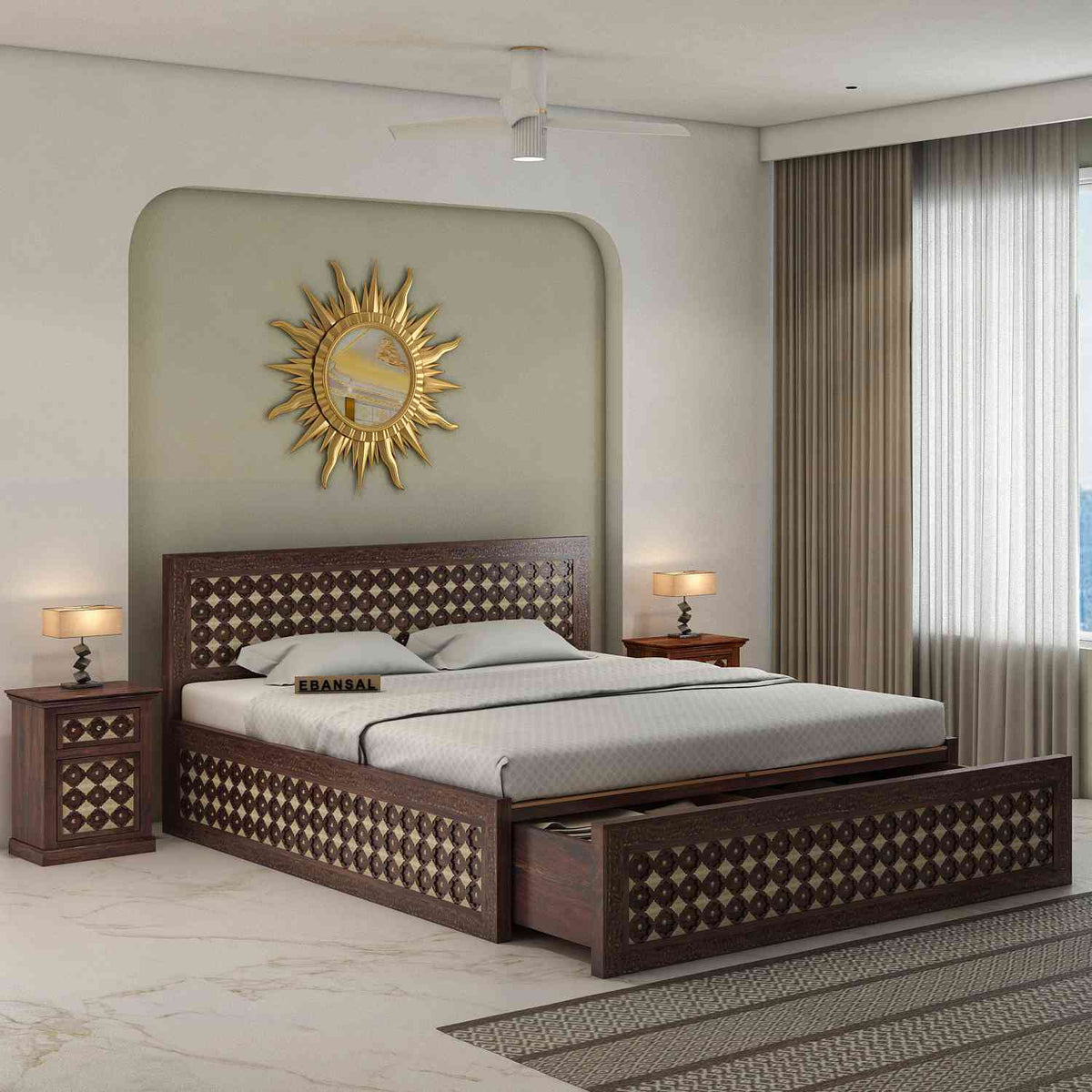 Maharana Solid Sheesham Wood Bed With Box And Drawer Storage (Queen Size, Walnut Finish)