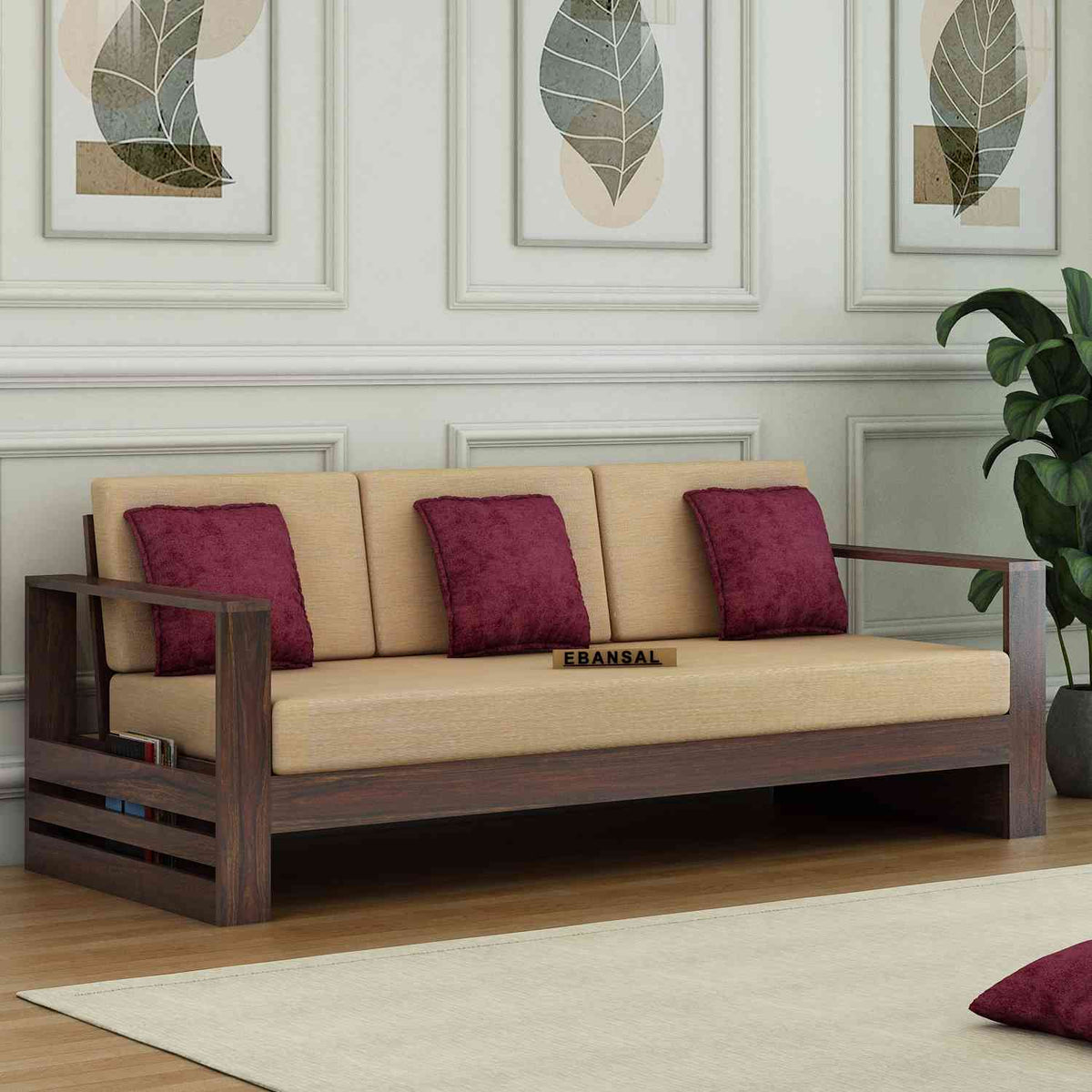 Maria Solid Sheesham Wood 3 Seater Sofa (Walnut Finish)