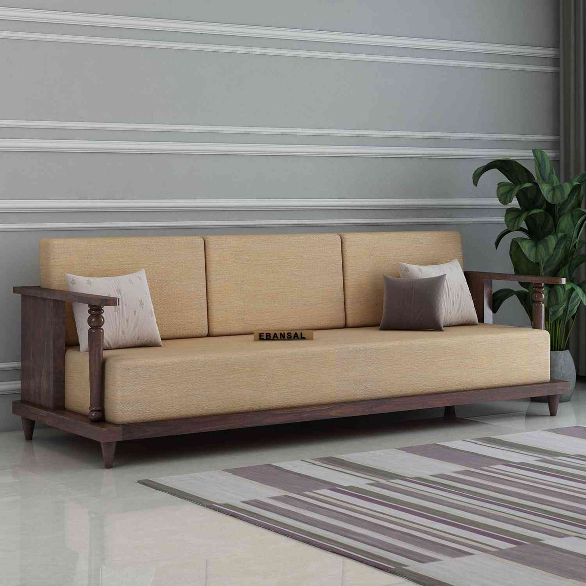 Ajmer Solid Sheesham Wood 3 Seater Sofa (Walnut Finish)