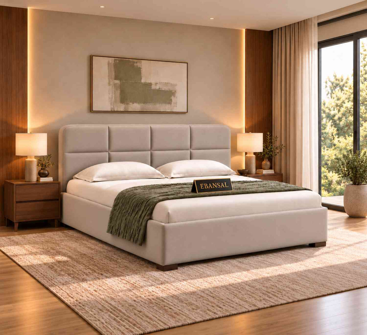 Resilience Premium Fabric Bed With Box Storage (Queen Size, Beige)