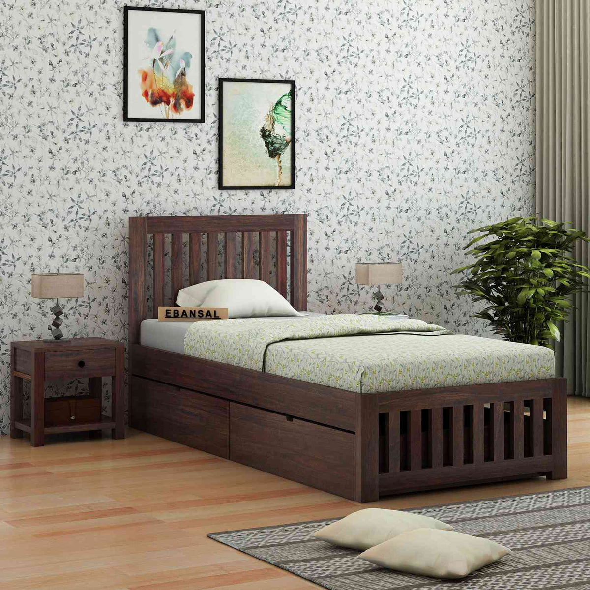 Maurice Solid Sheesham Wood Single Bed With 2 Drawers (Walnut Finish)