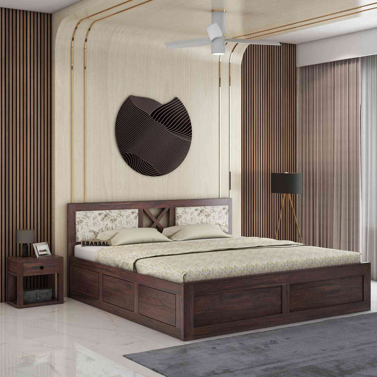 Moon Solid Sheesham Wood Box Storage Bed With Cushioned Headboard (King Size, Walnut Finish)