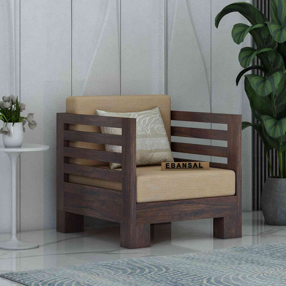 Lumin Solid Sheesham Wood 1 Seater Sofa (Walnut Finish)
