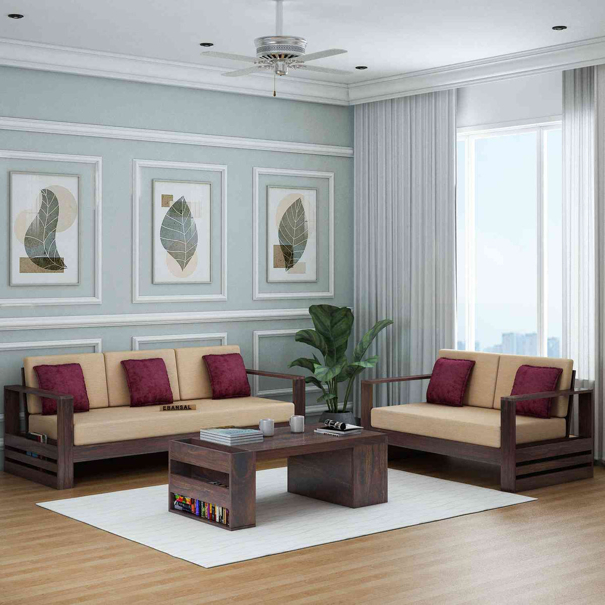 Maria Solid Sheesham Wood 5 Seater Sofa Set (3+2, Walnut Finish)