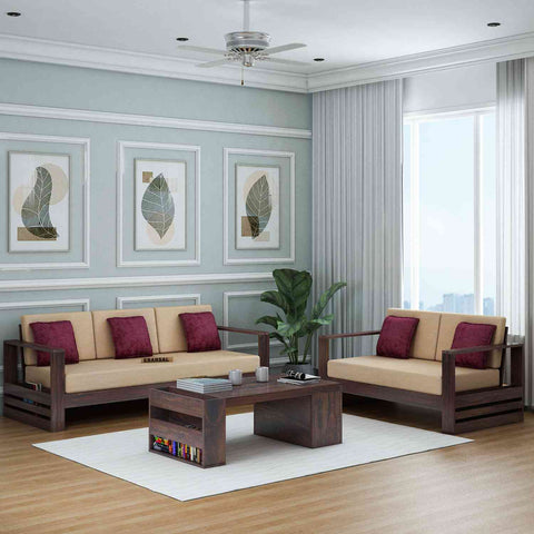 Maria Solid Sheesham Wood 5 Seater Sofa Set (3+2, Walnut Finish)