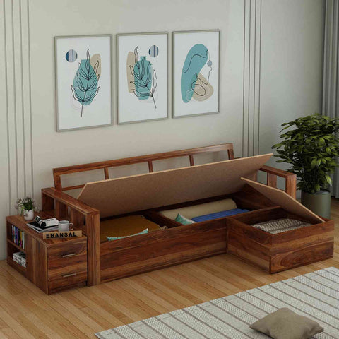 Feelinn Solid Sheesham Wood 3 Seater L Shape Sofa With Storage (Natural Finish)