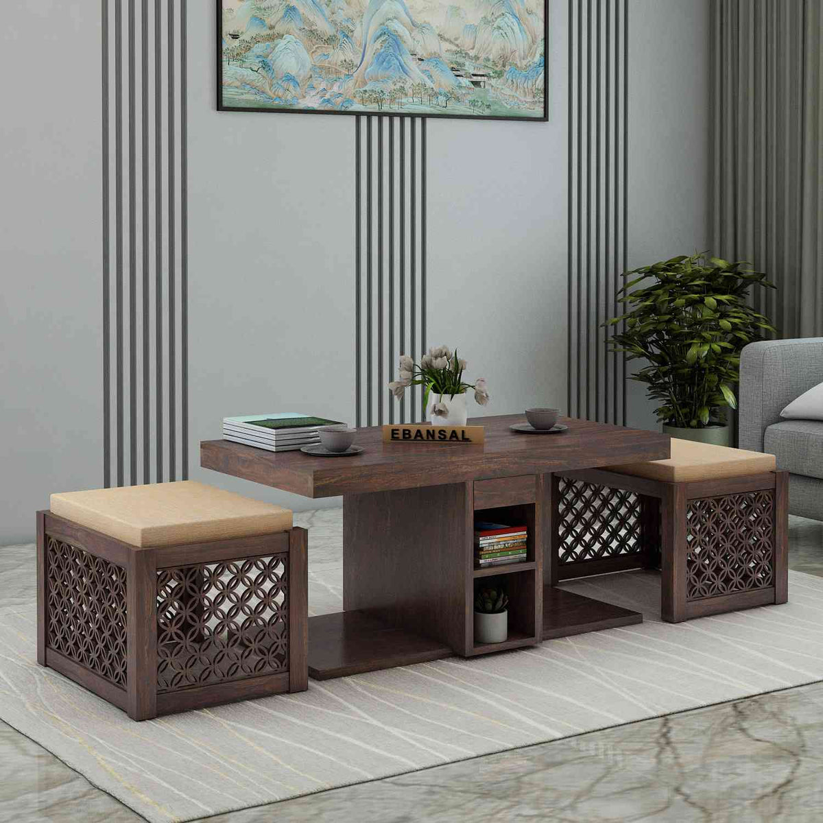 Monstro Solid Sheesham Wood Coffee Table With 2 Stools (Walnut Finish)