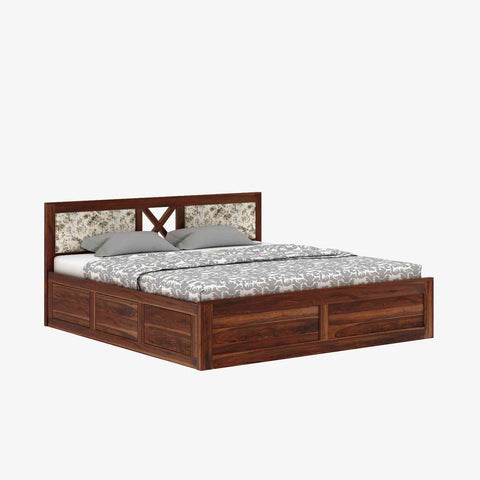 Moon Solid Sheesham Wood Box Storage Bed With Cushioned Headboard (King Size, Natural Finish)