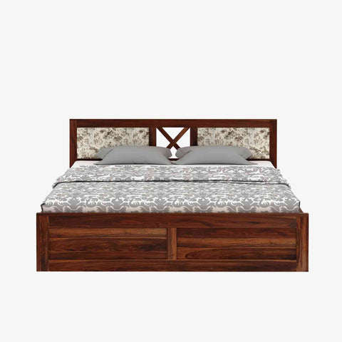 Moon Solid Sheesham Wood Box Storage Bed With Cushioned Headboard (King Size, Natural Finish)
