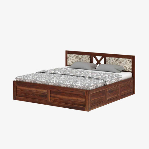 Moon Solid Sheesham Wood Box Storage Bed With Cushioned Headboard (King Size, Natural Finish)