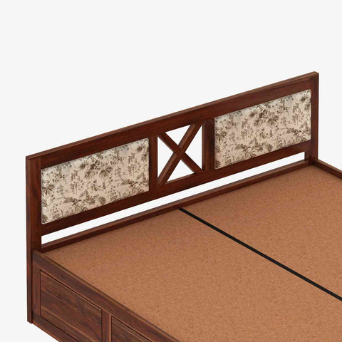 Moon Solid Sheesham Wood Box Storage Bed With Cushioned Headboard (King Size, Natural Finish)