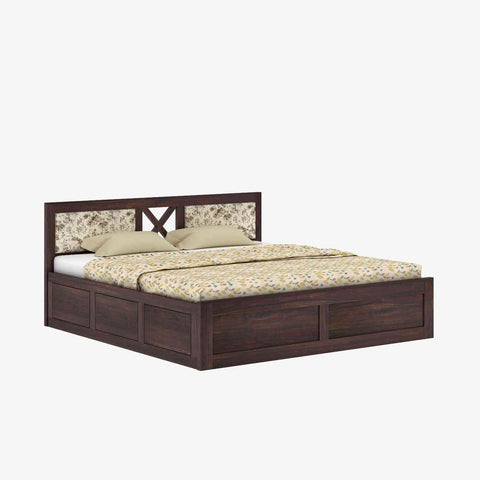 Moon Solid Sheesham Wood Box Storage Bed With Cushioned Headboard (King Size, Walnut Finish)
