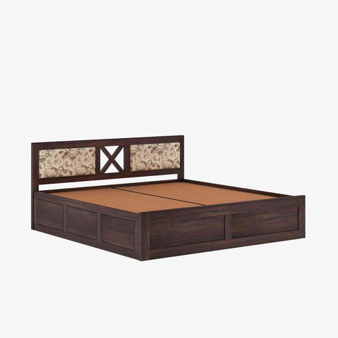 Moon Solid Sheesham Wood Box Storage Bed With Cushioned Headboard (King Size, Walnut Finish)