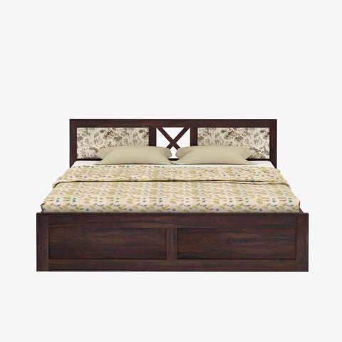 Moon Solid Sheesham Wood Box Storage Bed With Cushioned Headboard (King Size, Walnut Finish)