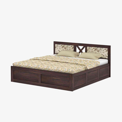 Moon Solid Sheesham Wood Box Storage Bed With Cushioned Headboard (King Size, Walnut Finish)
