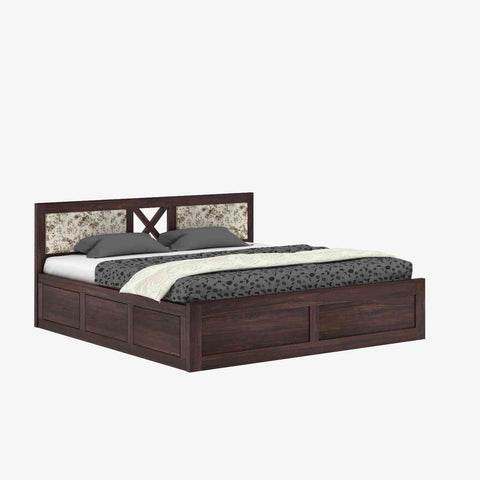 Moon Solid Sheesham Wood Hydraulic Bed With Cushioned Headboard (King Size, Walnut Finish)