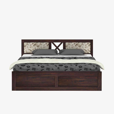 Moon Solid Sheesham Wood Hydraulic Bed With Cushioned Headboard (King Size, Walnut Finish)