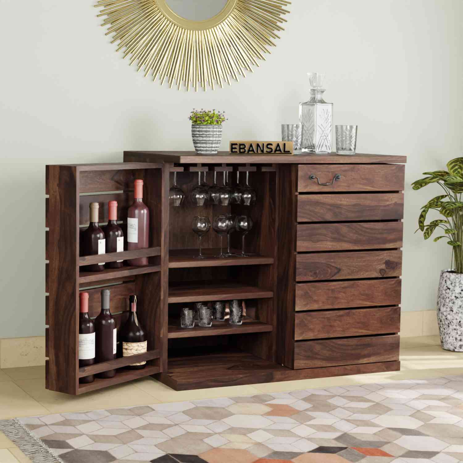 Feelinn Solid Sheesham Wood Bar Cabinet (Walnut Finish)