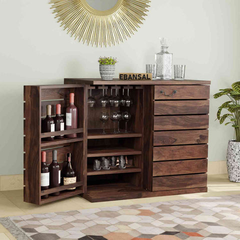 Feelinn Solid Sheesham Wood Bar Cabinet (Walnut Finish)