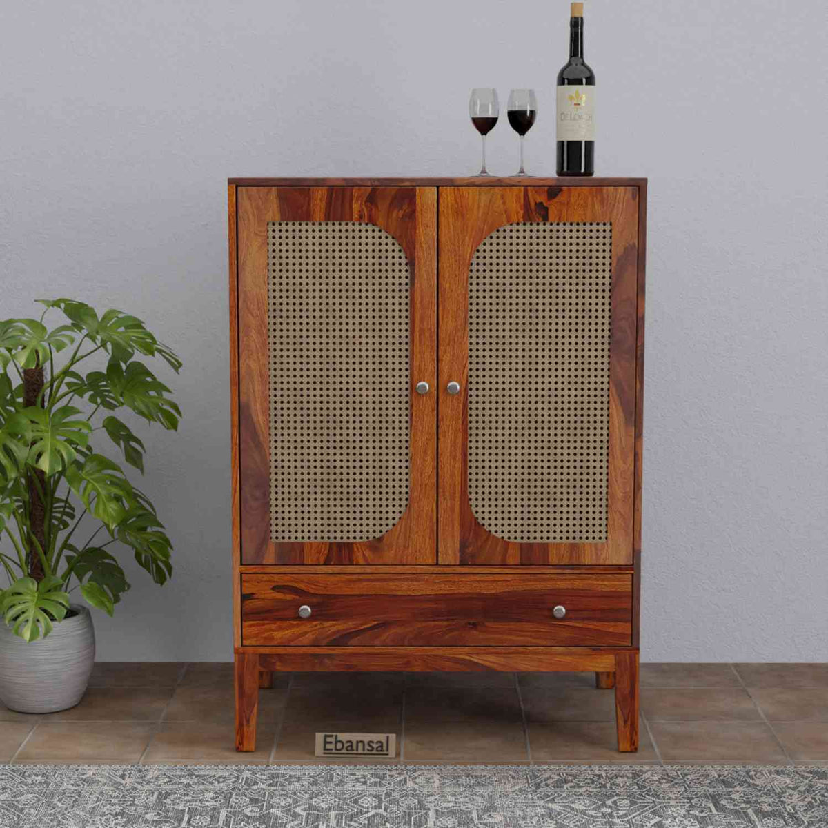 Fusta Solid Sheesham Wood Bar Cabinet (Natural Finish)