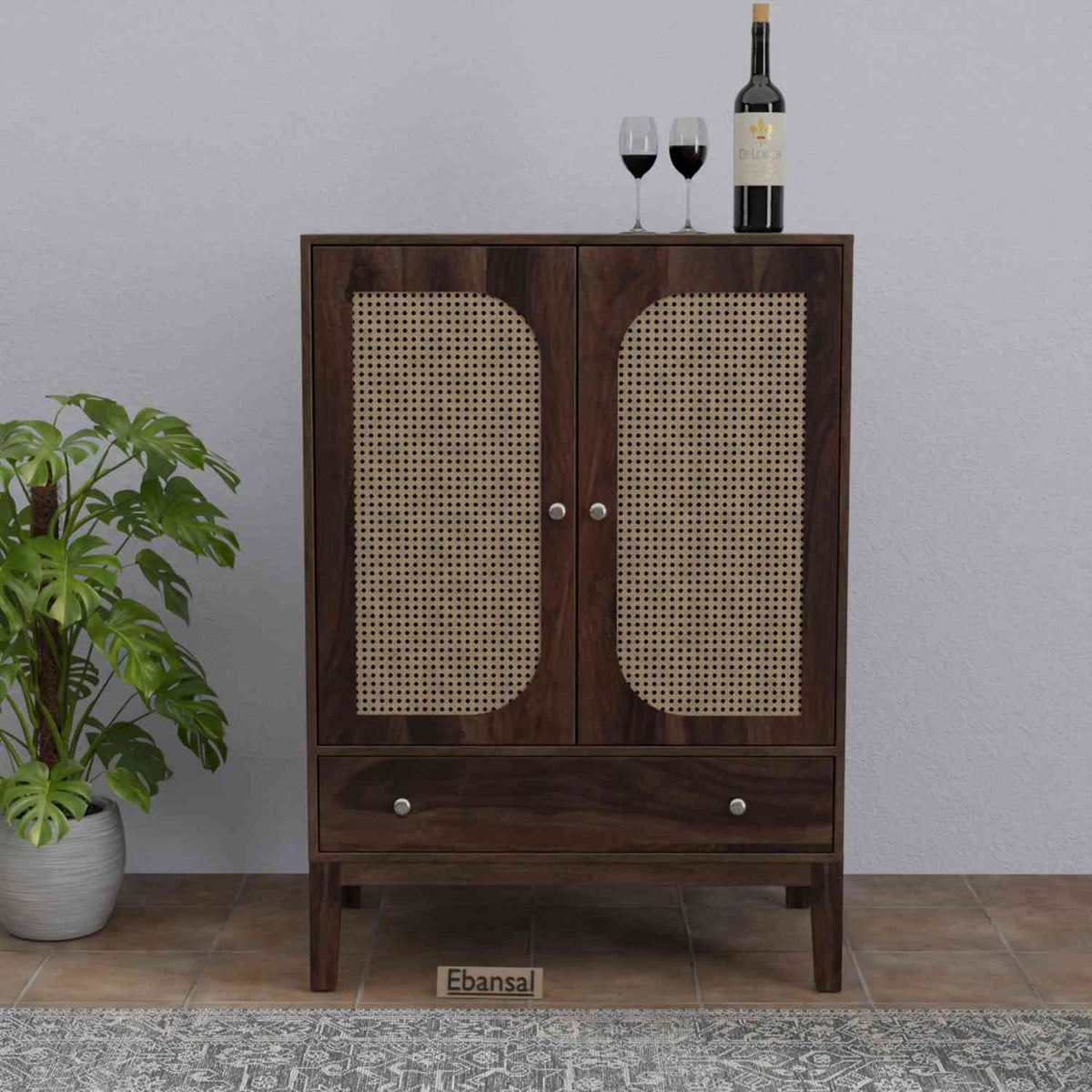 Fusta Solid Sheesham Wood Bar Cabinet (Walnut Finish)