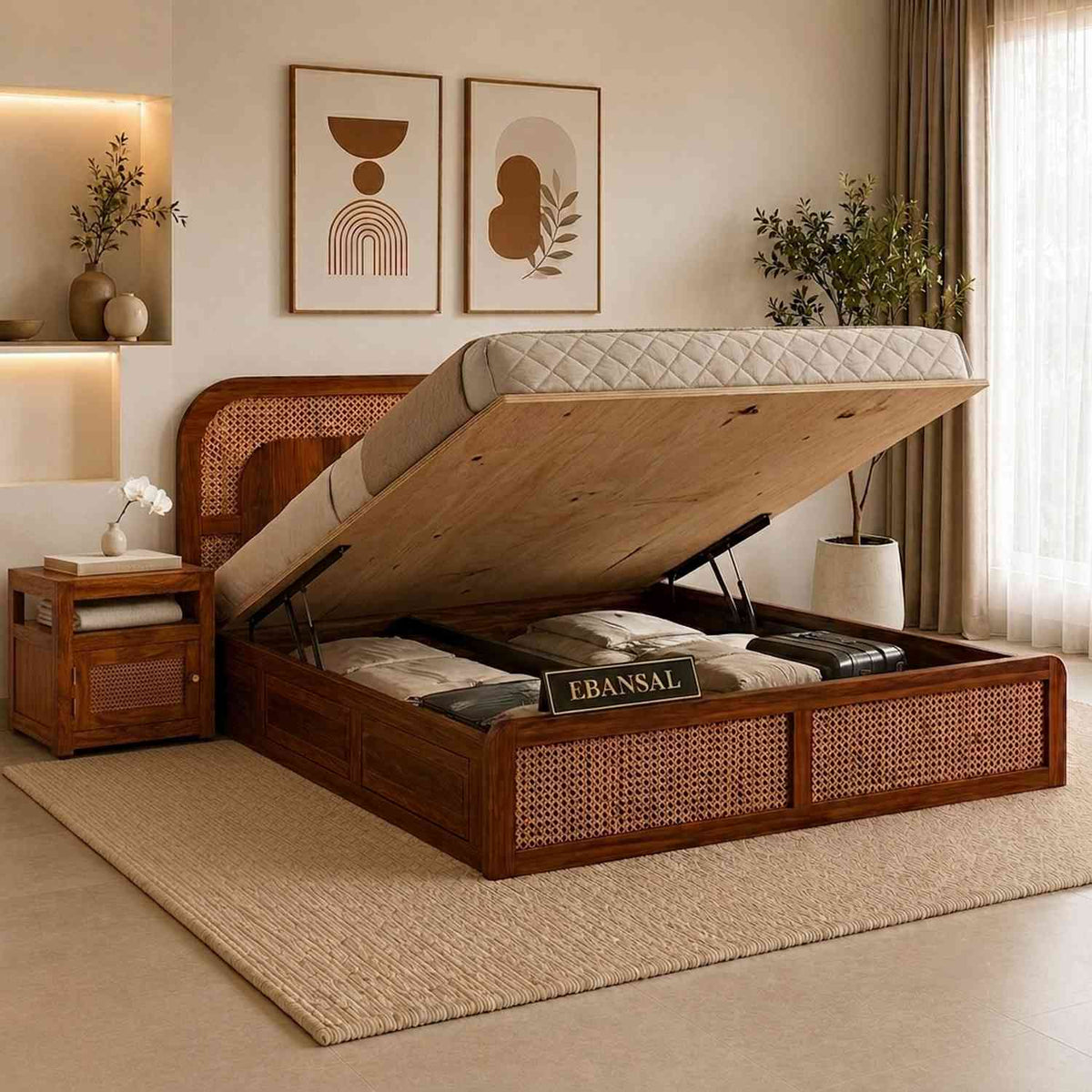 Canejoy Sheesham Wood Hydraulic Bed With Box Storage (King Size, Natural Finish)