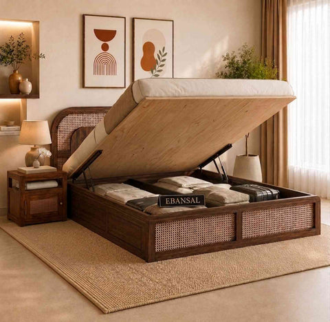 Canejoy Sheesham Wood Hydraulic Bed With Box Storage (King Size, Walnut Finish)
