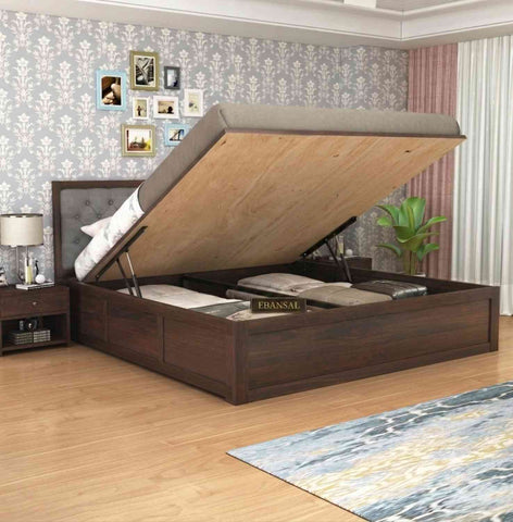 Elementra Solid Sheesham Wood Hydraulic Bed With Box Storage (King Size, Walnut Finish)