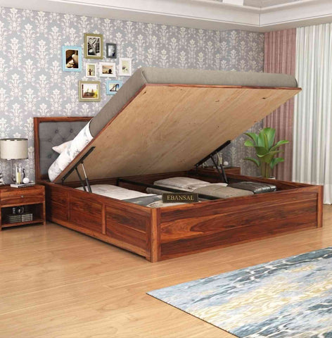 Elementra Solid Sheesham Wood Hydraulic Bed With Box Storage (Queen Size, Natural Finish)