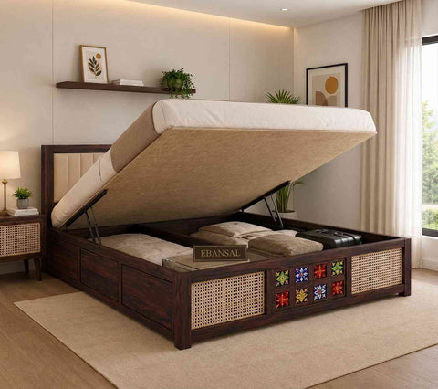 Canejoy Solid Sheesham Wood Hydraulic Bed With Box Storage With Cushion (King Size, Walnut Finish)