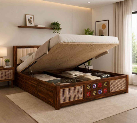 Canejoy Solid Sheesham Wood Hydraulic Bed With Box Storage With Cushion (Queen Size, Natural Finish)