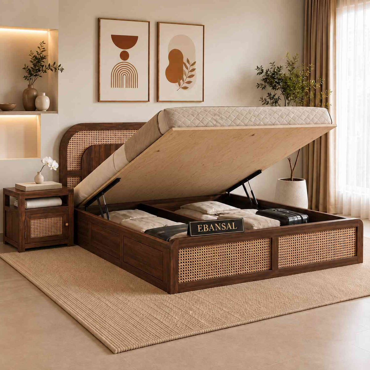 Canejoy Solid Sheesham Wood Hydraulic Bed With Box Storage (Queen Size, Walnut Finish, Design 3)