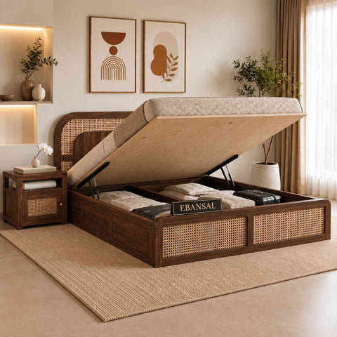 Canejoy Solid Sheesham Wood Hydraulic Bed With Box Storage (Queen Size, Walnut Finish, Design 3)