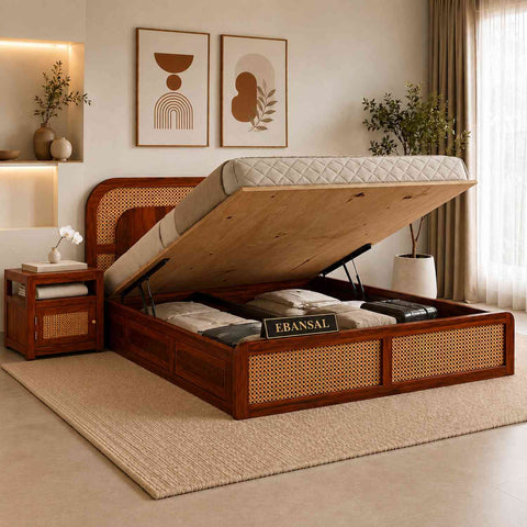 Canejoy Solid Sheesham Wood Hydraulic Bed With Box Storage (King Size, Natural Finish, Design 3)