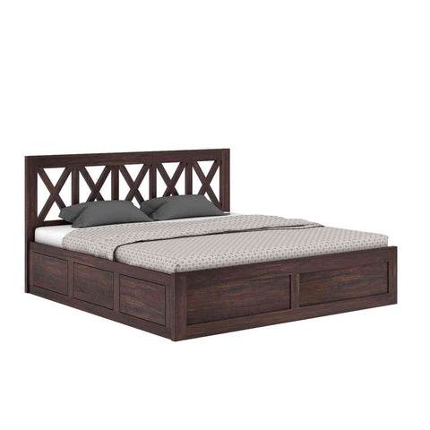 Moon Solid Sheesham Wood Bed With Box Storage (King Size, Walnut Finish)