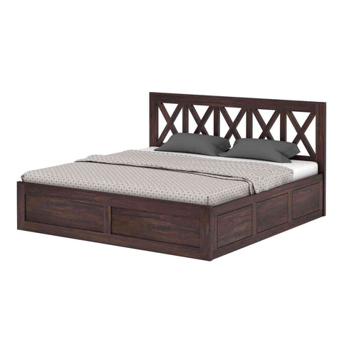 Moon Solid Sheesham Wood Bed With Box Storage (King Size, Walnut Finish)