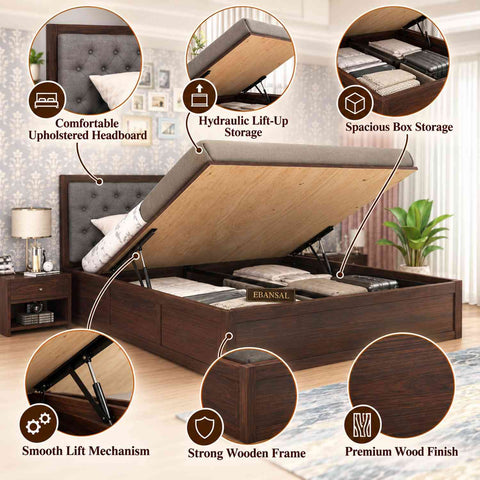 Elementra Solid Sheesham Wood Hydraulic Bed With Box Storage (King Size, Walnut Finish)